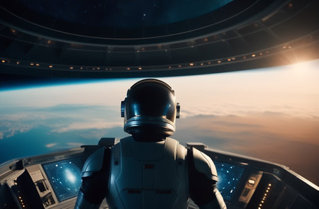in a spaceship, an astronaut looks out the window at planet Earth. space exploration concept. AI generationの素材