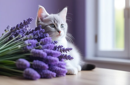 cute kitten with a bouquet of lavender flowers on the table, housewarming concept, holiday congratulations. generated by ai.の素材