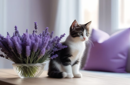 cute kitten with a bouquet of lavender flowers in a glass vase on the table, housewarming concept, holiday greetings. generated by ai.の素材