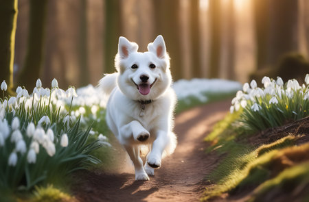 happy white dog joyfully runs along a forest path, spring flowers snowdrops. enjoy a sunny spring day. tick danger concept. generated by ai.の素材