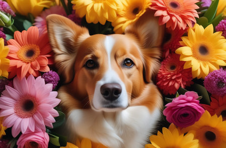 corgi dog in a gift bouquet of gerbera flowers, the concept of devotion and love, congratulations on the holiday. generated by ai.の素材