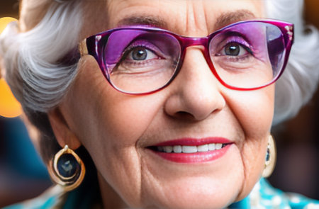 happy pleasant well-groomed elderly madam with glasses smiling, close-up portraitの素材