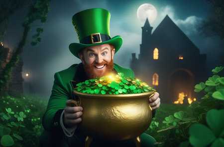 leprechaun hides treasure, a pot of gold, at night, against the backdrop of the full moon in clover, AI generation,の素材