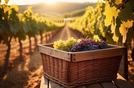 close-up of a wicker basket full of grapes against the background of a grape plantation on a summer evening, harvest season. generated aiの素材