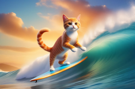 a brave red cat surfs on a wave in the sea on vacation. generated by ai.の素材