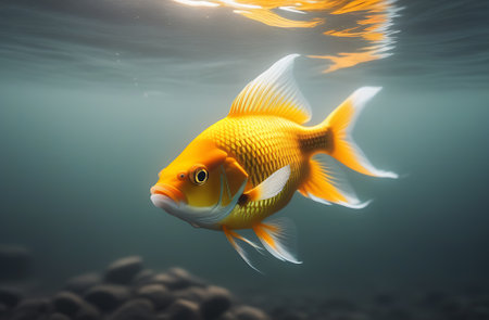 a goldfish swims freely sideways in a pond, a conceptual symbol of dreams, wish fulfillment. generated aiの素材