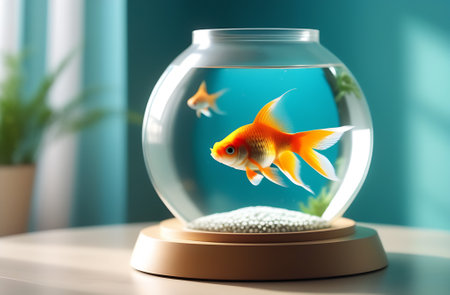round glass aquarium with two goldfish, a conceptual symbol of dreams, wish fulfillment. generated aiの素材