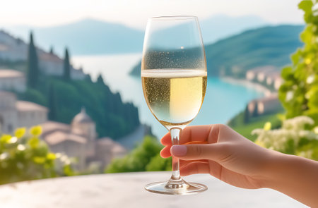 a woman's hand holds a glass of champagne against the backdrop of sunset. the concept of travel and a joyful time on vacation, generated by ai.の素材