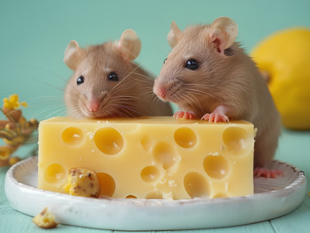 two small hungry domestic rats eat cheese on a plate. generated by aiの素材