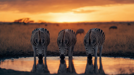 African safari, three zebras drinking water at a watering hole at sunset, view from the ground,の素材