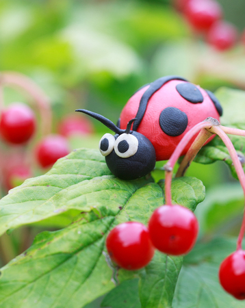 Plasticine world - little homemade red ladybird sitting on a leaf viburnum, selective focus on headの写真素材
