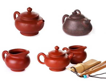 Collage, Traditional chinese tea ceremony accessories tea pot, jar, tweezers, scoop and tea pair on white backgroundの写真素材