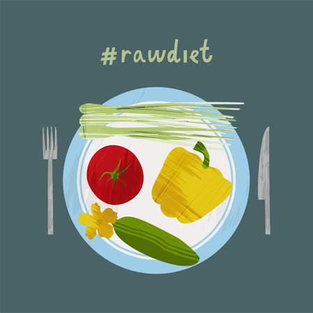 Set of vegetables on plate with knife and forkのイラスト素材