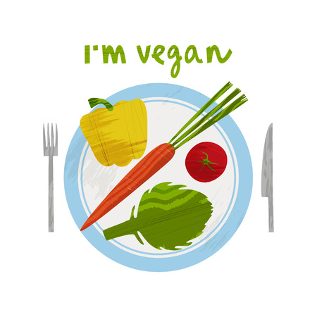 Set of vegetables on plate with knife and forkのイラスト素材