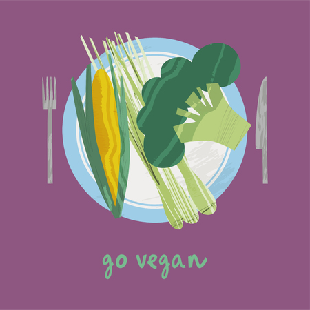 Set of vegetables on plate with knife and forkのイラスト素材