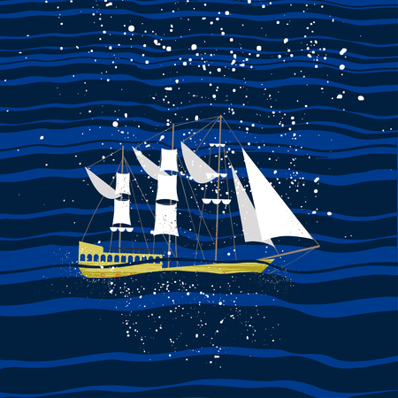 Ship in the sea. Hand drawn vector illustrationの写真素材
