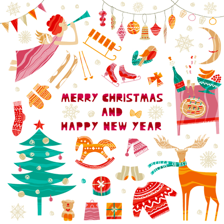 Collection of Christmas and New Year elements for greeting card design. Xmas set of characters. Winter holiday objects. Vector flat design with textureのイラスト素材