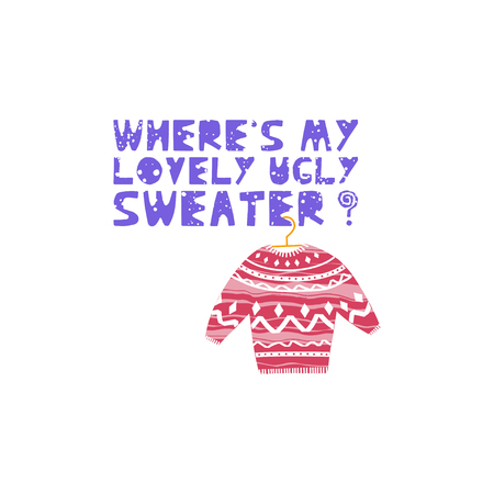 Illustration of ugly sweater. Christmas and New Year elements with lettering. Xmas greeting card concept. Winter holiday objects. Vector flat design with textureの写真素材