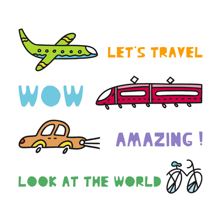Travel card concept with transport and text. Doodle style. Vector illustrationのイラスト素材
