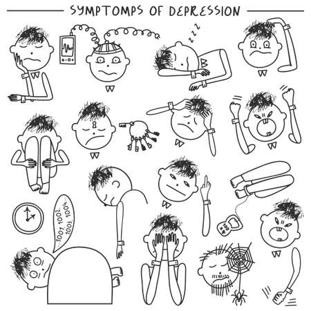 Depression signs and symptoms. Set of objects and characters. Vector illustration of problems of mental health. Doodle styleのイラスト素材