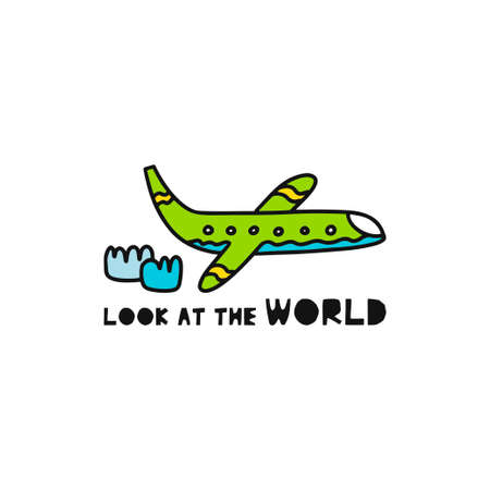 Travel card concept with plane and text 'look at the world' Doodle style. Vector illustrationのイラスト素材
