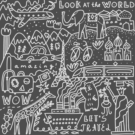 Travel set with lettering. Hand drawn vector illustration. Doodle style. Popular world symbols of tourism and traveling. Transport, luggage, sights, mountains, animals, plantsのイラスト素材