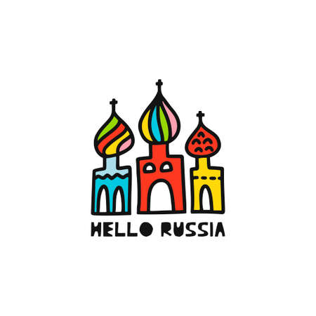 Travel card concept with cathedral and text 'hello Russia' Doodle style. Vector illustrationのイラスト素材