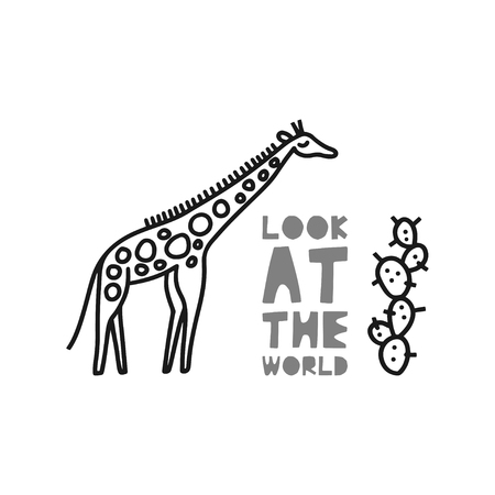 Travel card concept with giraffe and text 'look at the world' Doodle style. Vector illustrationのイラスト素材