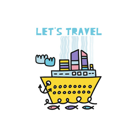 Travel card concept with ship and text. Doodle style. Vector illustrationのイラスト素材