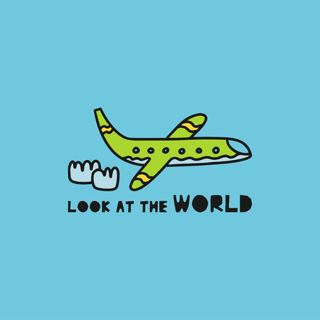 Travel card concept with plane and text 'look at the world' Doodle style. Vector illustrationのイラスト素材