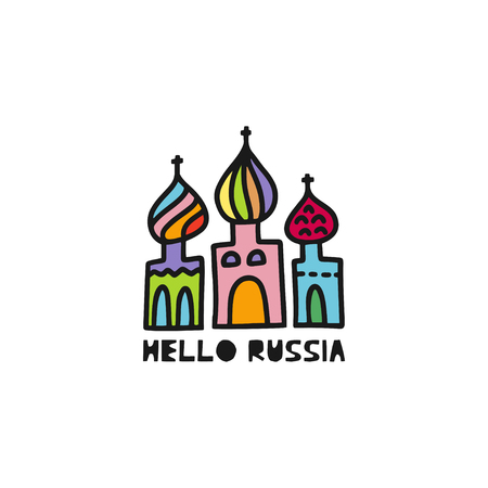 Travel card concept with cathedral and text 'hello Russia' Doodle style. Vector illustrationのイラスト素材