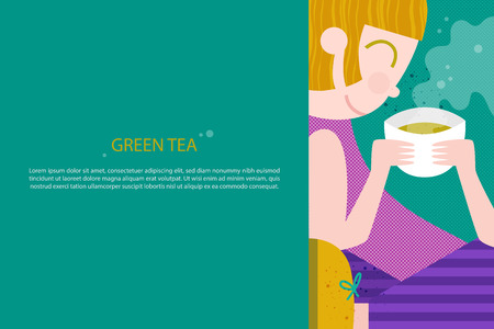 Girl with coffee or tea or soup. Girl with chinese or japanese or korean food. Template for your advertising text. Vector illustration in a flat styleのイラスト素材