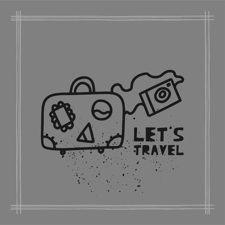 Travel card concept with luggage, camera and text. Doodle style. Vector illustrationのイラスト素材