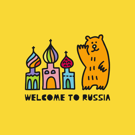 Travel card concept with cathedral, bear and text 'welcome to Russia' Doodle style. Vector illustrationのイラスト素材