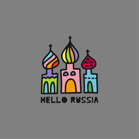 Travel card concept with cathedral and text 'hello Russia' Doodle style. Vector illustrationのイラスト素材