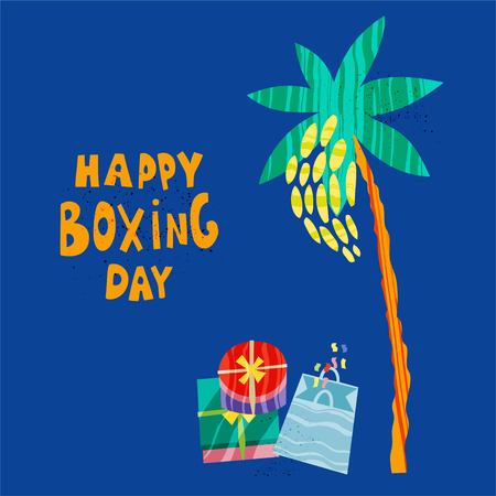 Palm tree and gifts in boxes. Happy Boxing Day concept. Vector illustration in flat styleのイラスト素材