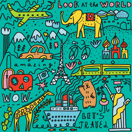 Travel set with lettering. Hand drawn vector illustration. Doodle style. Popular world symbols of tourism and traveling. Transport, luggage, sights, mountains, animals, plantsのイラスト素材