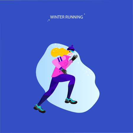 Winter running concept. Young athletic woman doing jogging. Vector illustration in flat styleのイラスト素材