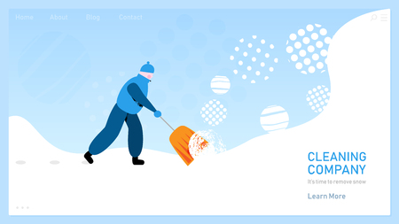 Janitor with spade throwing snow into pile on page of cleaning company websiteのイラスト素材