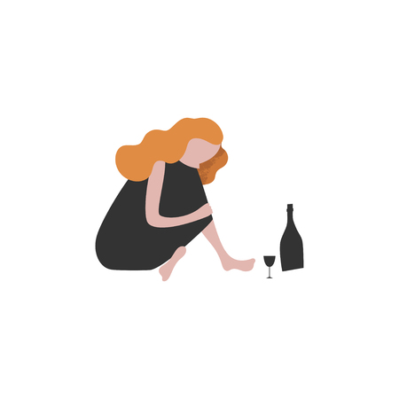 Lonely woman flat vector illustration. Sad girl sitting on floor, drinking wine. Cartoon character on blue background. Personal problems, bad mood, loneliness concept drawing. Female alcoholic clipartのイラスト素材