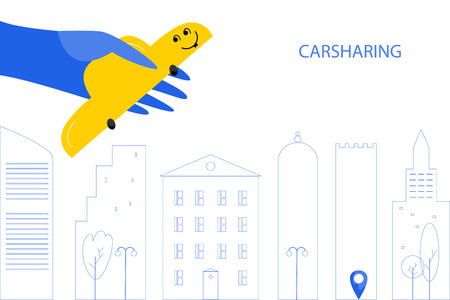 Auto leasing hand drawn flat illustration. Hand holds auto with cityscape. Happy vehicle kawaii character. Transport rental linear clipart. Carsharing lettering with copyspace. Banner flat designのイラスト素材