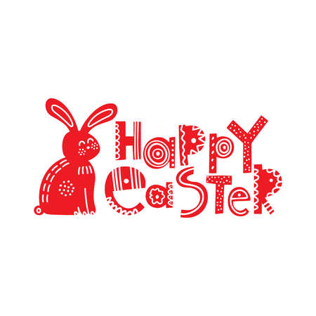 Happy Easter stylized ornate lettering, typography. Scandinavian style rabbit, hare. Spring holiday banner, poster design. Easter wishes greeting card with cute bunny flat vector illustrationのイラスト素材