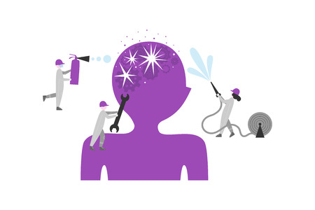 Brain disease, mental disorder flat illustration. Tiny mechanic, firefighters cure headache. Painkiller metaphor. Head silhouette with cogwheels and sparks. Neurology illness poster, banner designのイラスト素材