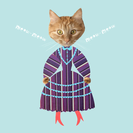 Creative cut out dress on cat with lettering meow. Ginger cat in striped vintage dress and with red boots. Vaporwave style conceptの写真素材