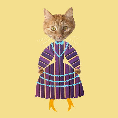 Creative cut out dress on cat ginger cat in striped vintage dress and with yellow boots. Vaporwave style conceptの写真素材