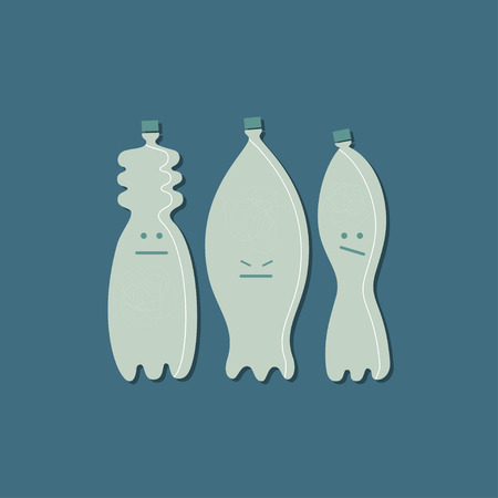 Bottles with faces vector illustrations set. No plastic lettering. Kawaii containers cartoon clipart. Non recyclable material. Environment pollution. Zero waste. Rubbish, trash isolated design elementのイラスト素材