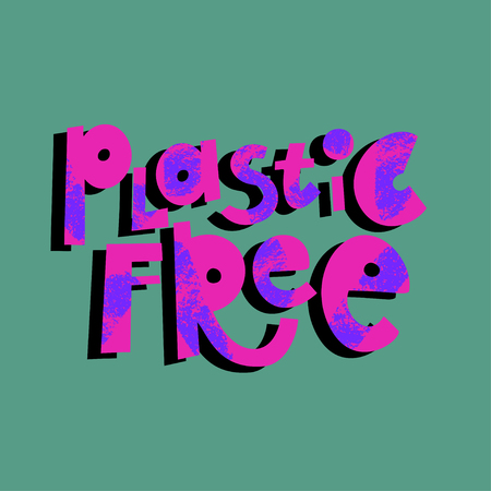 Plastic free cartoon lettering. Zero waste. Environment protection, ecology. Alternative, Eco friendly materials. Phrase vector clip art. Red quote, slogan with grunge texture. Recyclable, reusableのイラスト素材