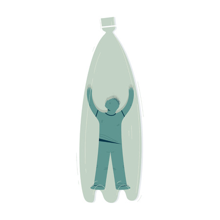 Zero waste, ecology protection vector illustration. Man trapped inside plastic bottle cartoon character. Garbage recycle, environment save drawing. Pollution problem isolated design elementのイラスト素材