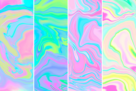 Abstract marble holographic raster backgrounds set. Paint splash texture backdrop. Dynamic liquid, mixed neon fluid. Psychedelic illustrations pack. Poster, web banner, book cover trendy decorationの写真素材