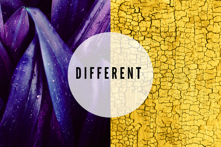 Collage of beautiful proton purple leaves and yellow wooden surface. Save the planet ecological concept with word differentの写真素材